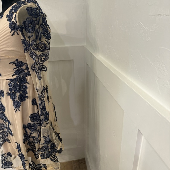 Altar'd State Blue and Tan Midi Dress with Bishop Sleeves - Picture 3 of 5